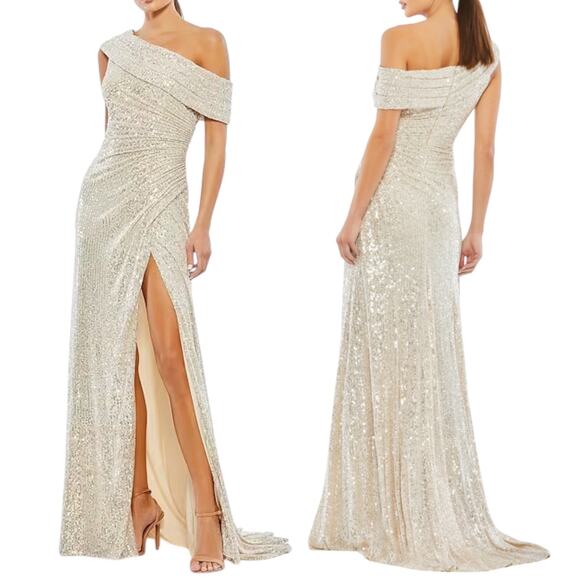 Ieena for Mac Duggal Sequined Drop Shoulder Evening Gown Nude Size 6 - Picture 1 of 14